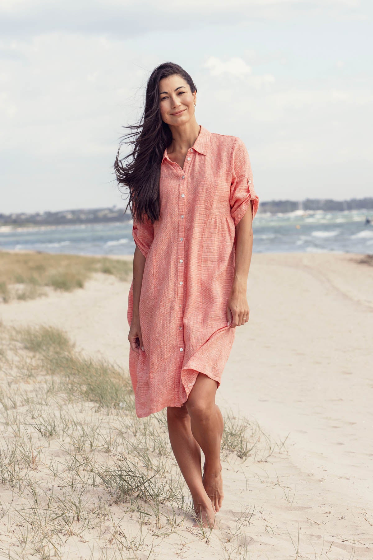 Women s Mini Check Dress in Orange and White