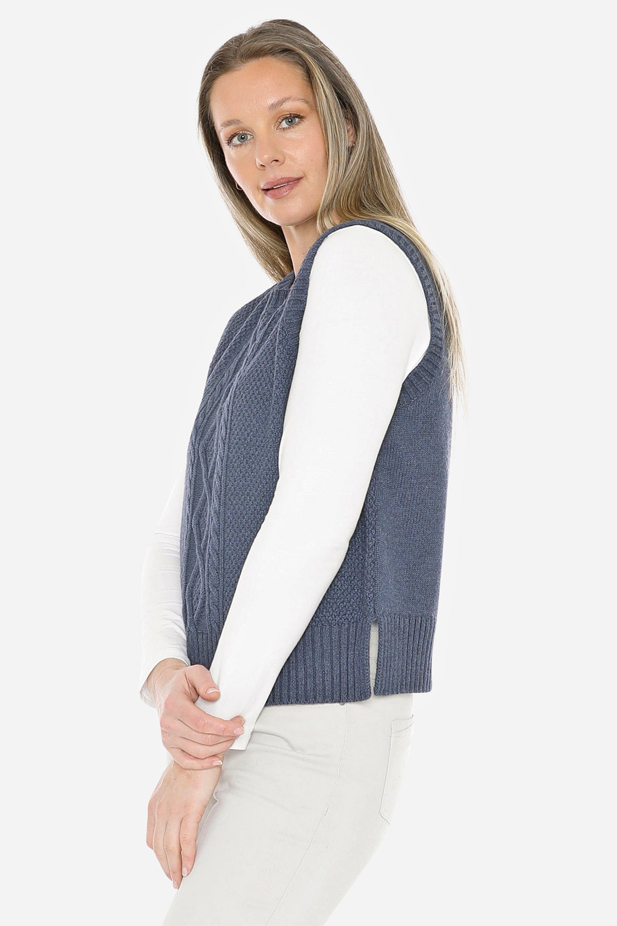 Cable Vest in Indigo Marle