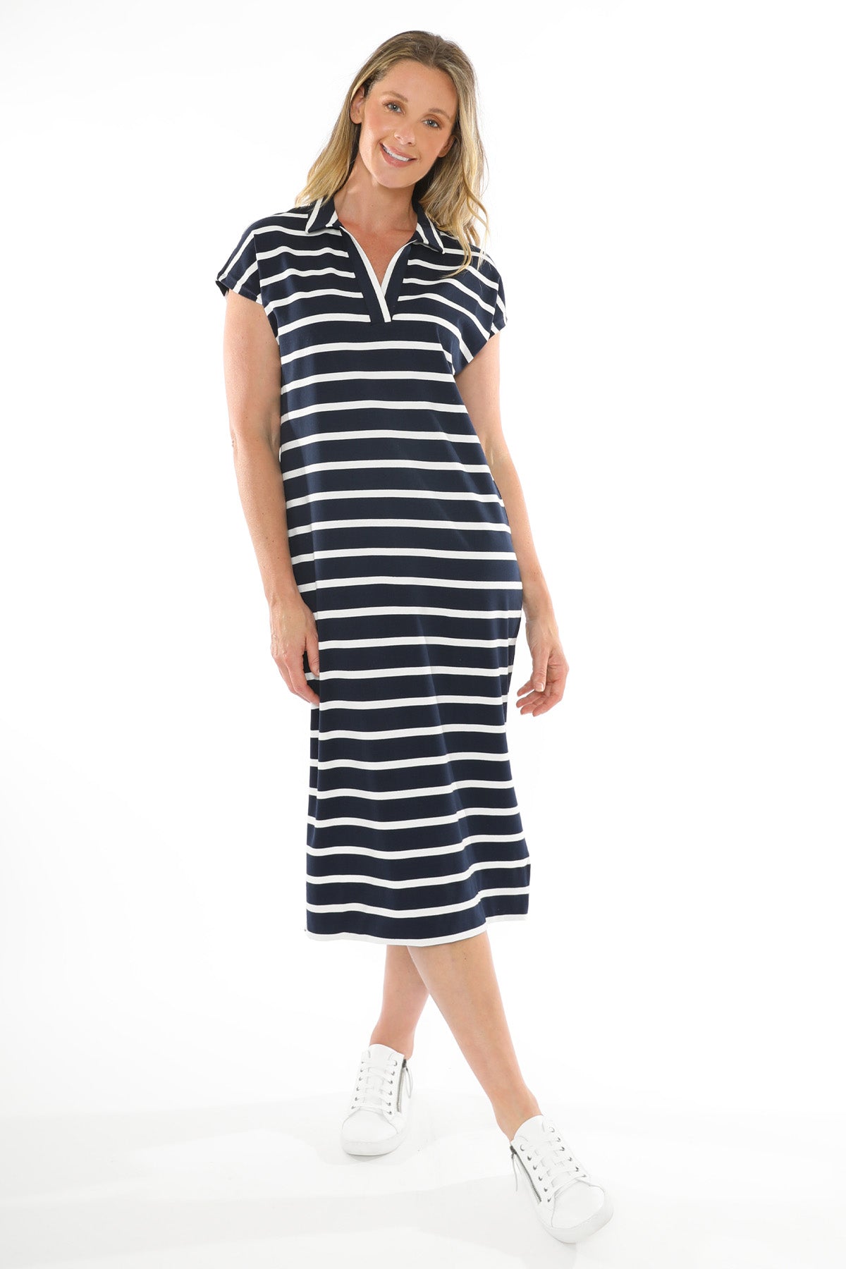 Women's Striped Collared Dress in Blue and White