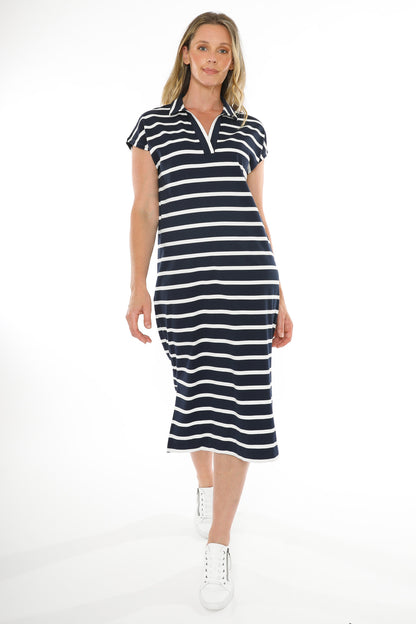 Women's Striped Collared Dress in Blue and White