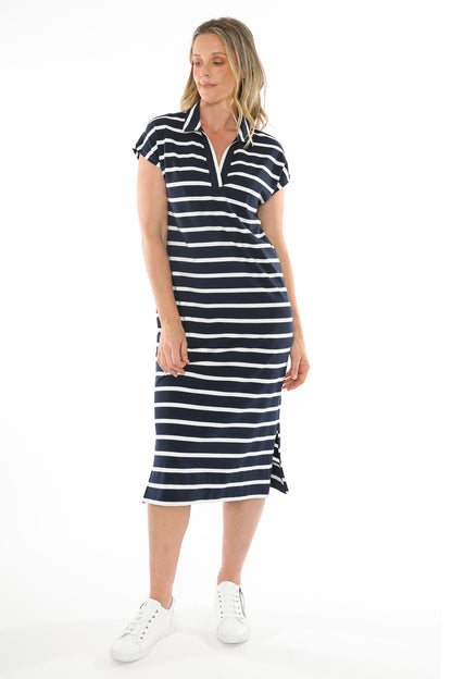 Women's Striped Collared Dress in Blue and White