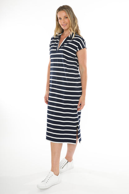 Women's Striped Collared Dress in Blue and White