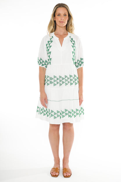 Women's Triangle Stitch Dress in White and Green