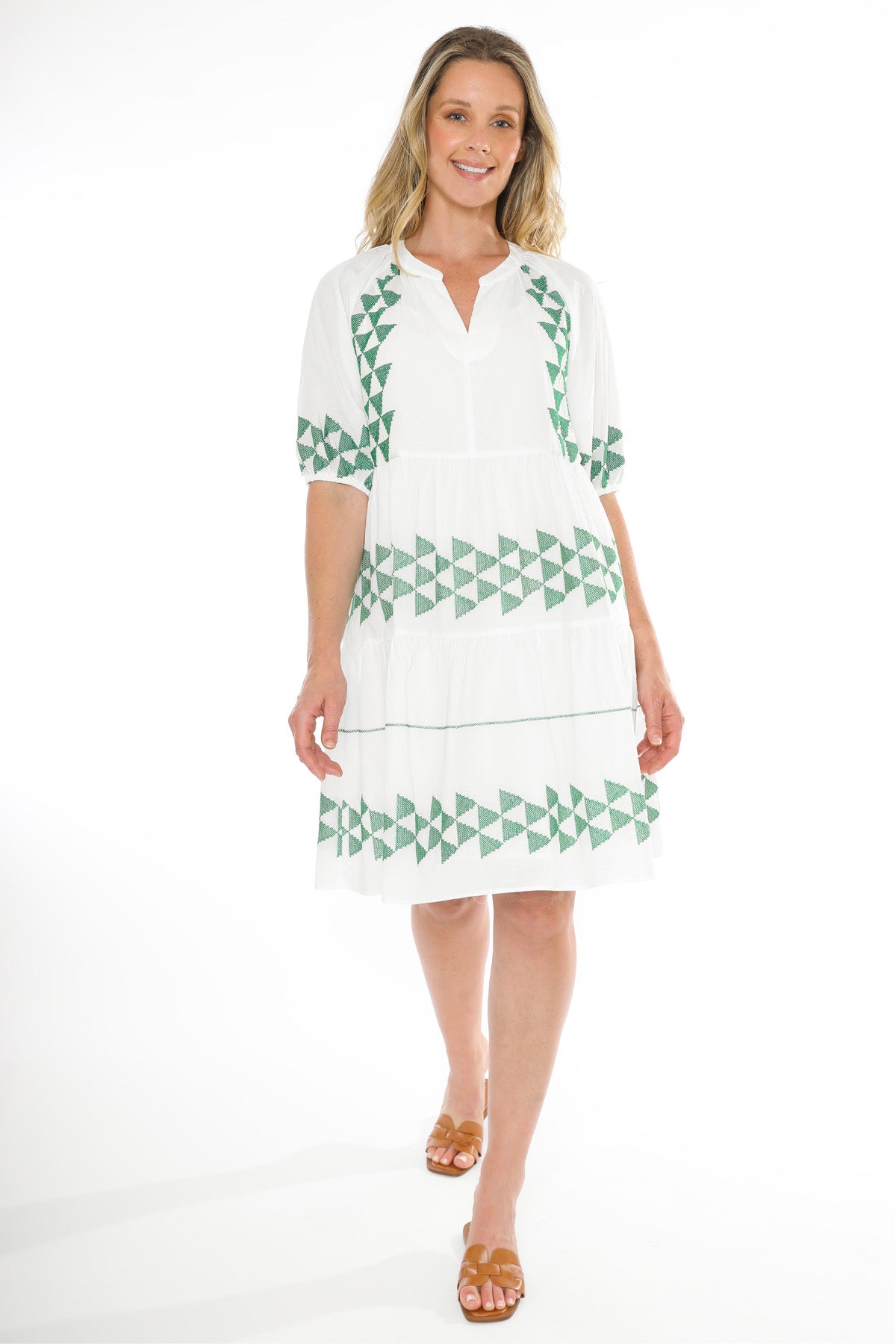 Women's Triangle Stitch Dress in White and Green