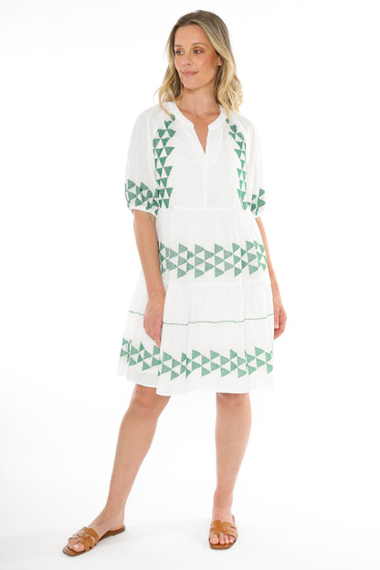 Women's Triangle Stitch Dress in White and Green