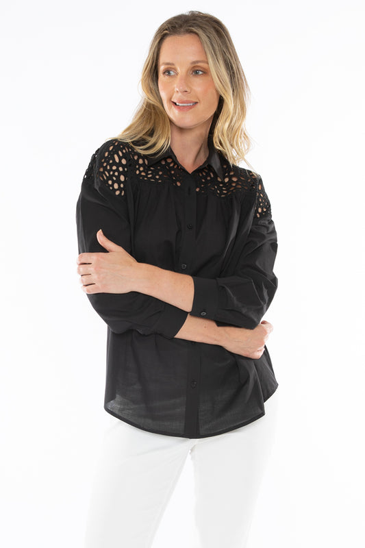 Women's Broderie Shoulder Shirt in Black