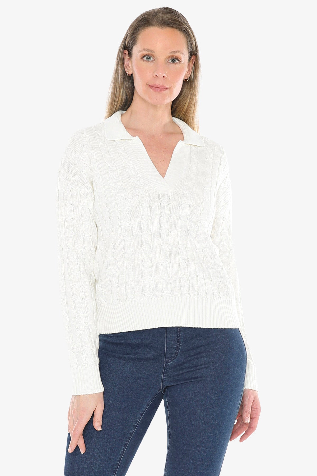 Collared Cable Pullover in Pearl