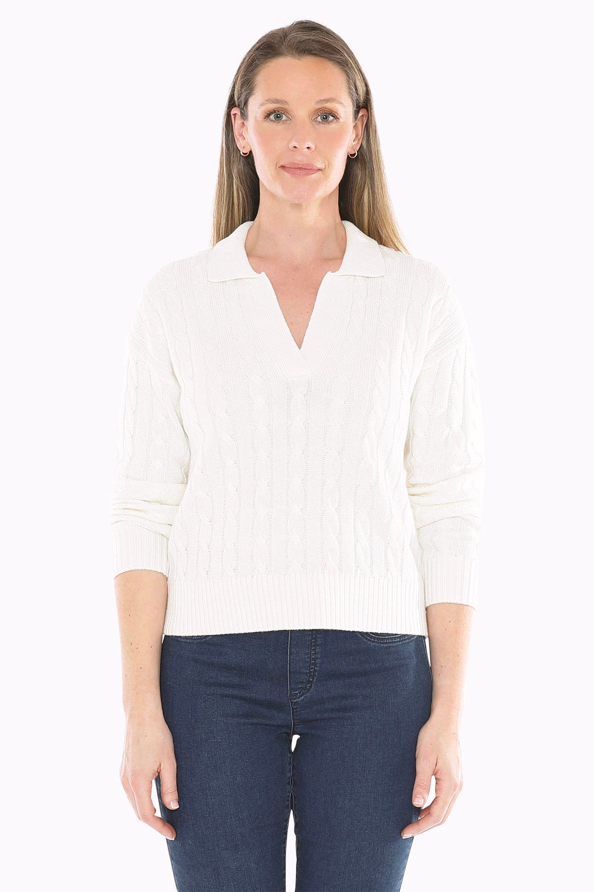 Collared Cable Pullover in Pearl