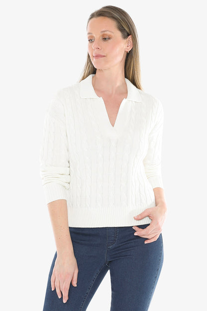 Collared Cable Pullover in Pearl