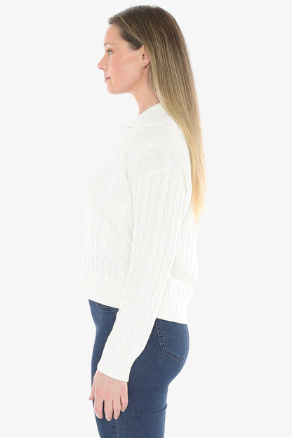 Collared Cable Pullover in Pearl