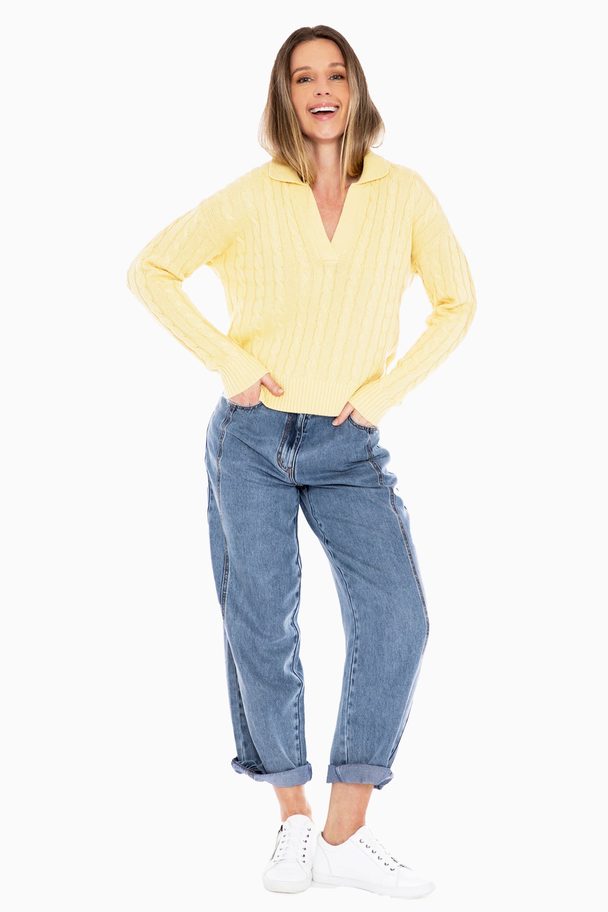 Collared Cable Pullover in Lemon