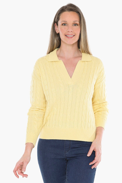 Collared Cable Pullover in Lemon