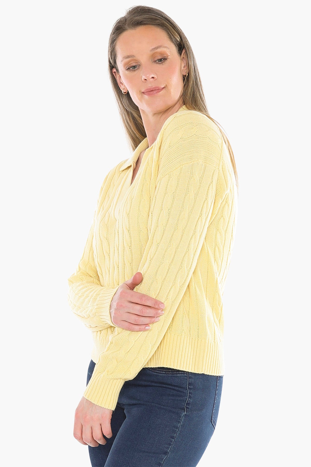 Collared Cable Pullover in Lemon