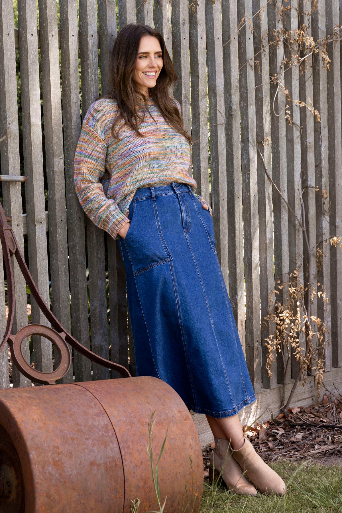 Denim Panel Skirt in Blue Denim