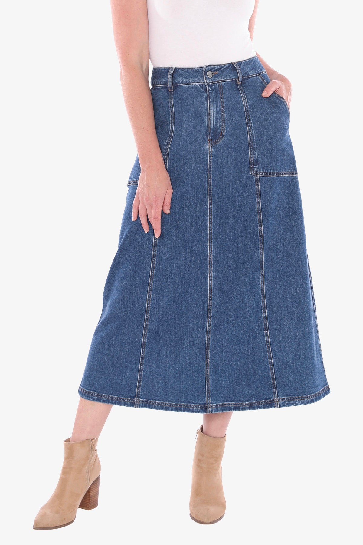 Denim Panel Skirt in Blue Denim