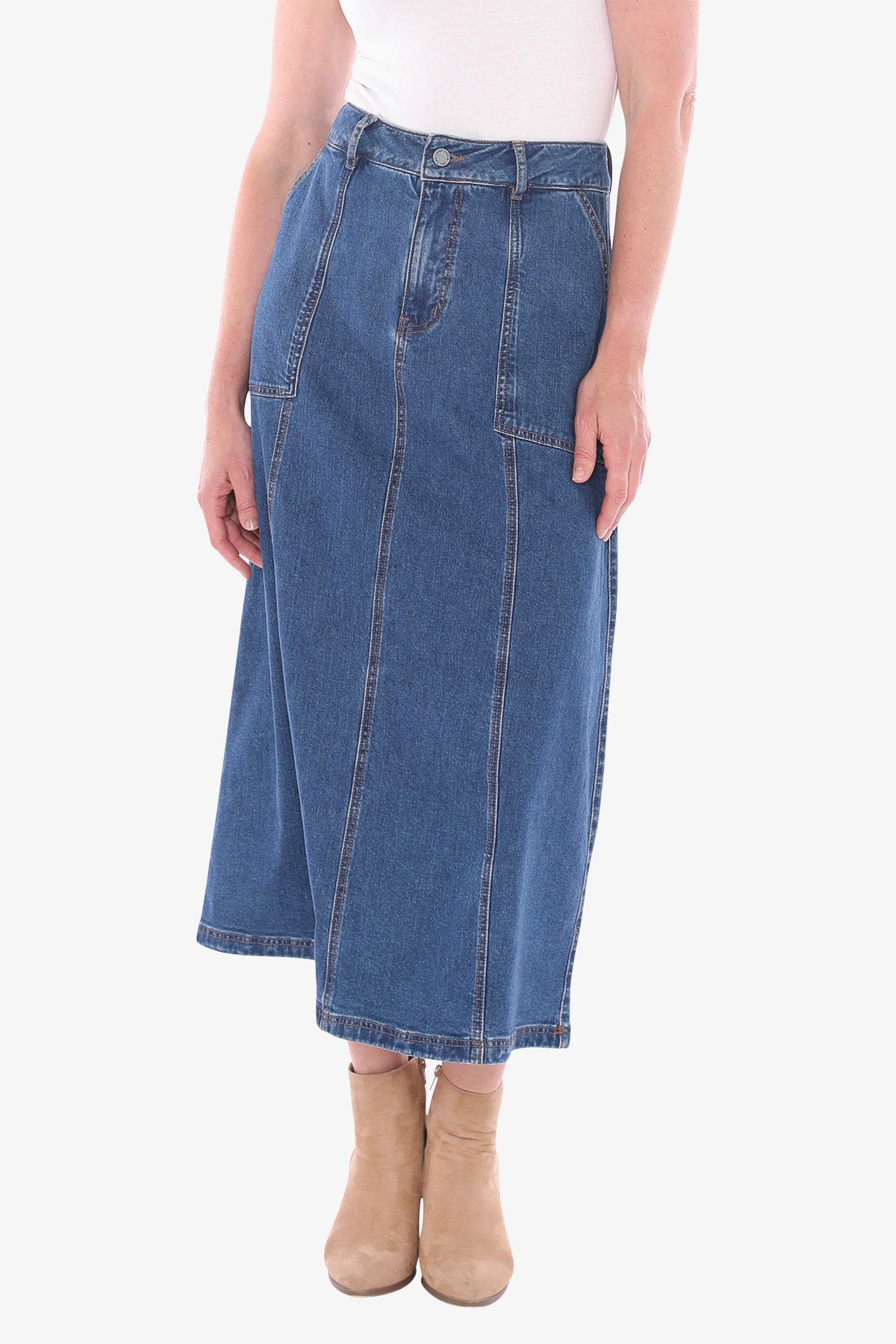 Denim Panel Skirt in Blue Denim