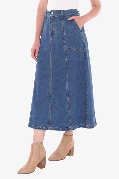 Denim Panel Skirt in Blue Denim