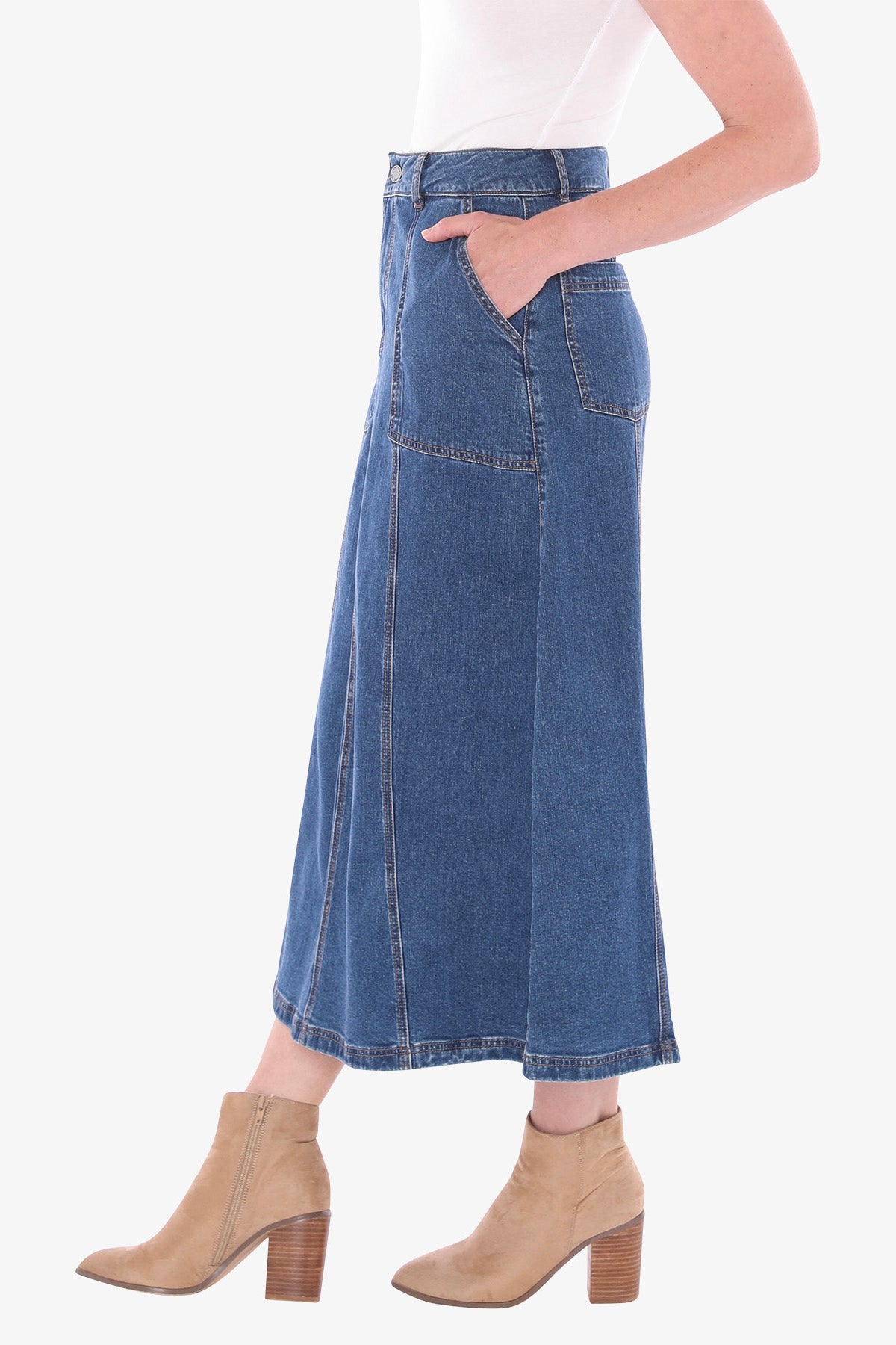 Denim Panel Skirt in Blue Denim