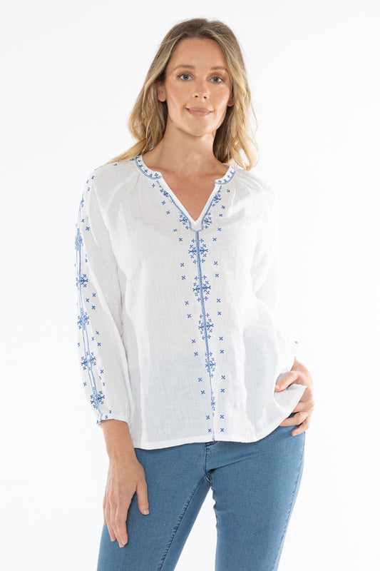 Women's Embroidered Top in White and Blue