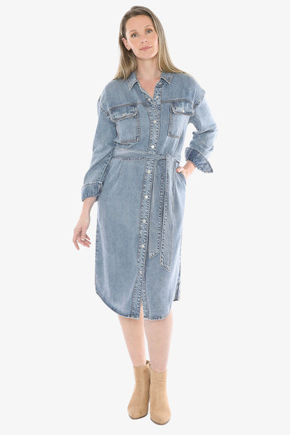 Soft Denim Tie Dress in Mid Blue