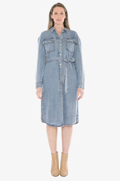 Soft Denim Tie Dress in Mid Blue