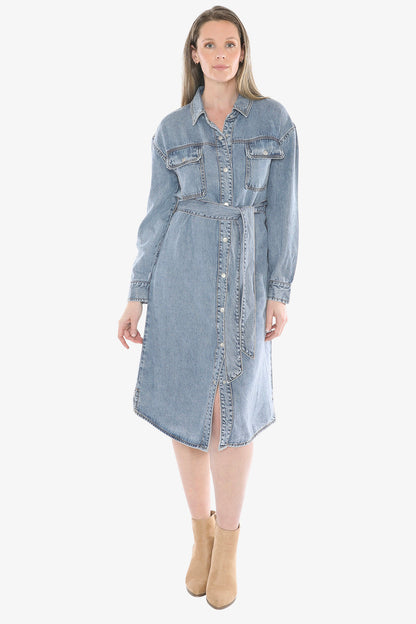 Soft Denim Tie Dress in Mid Blue