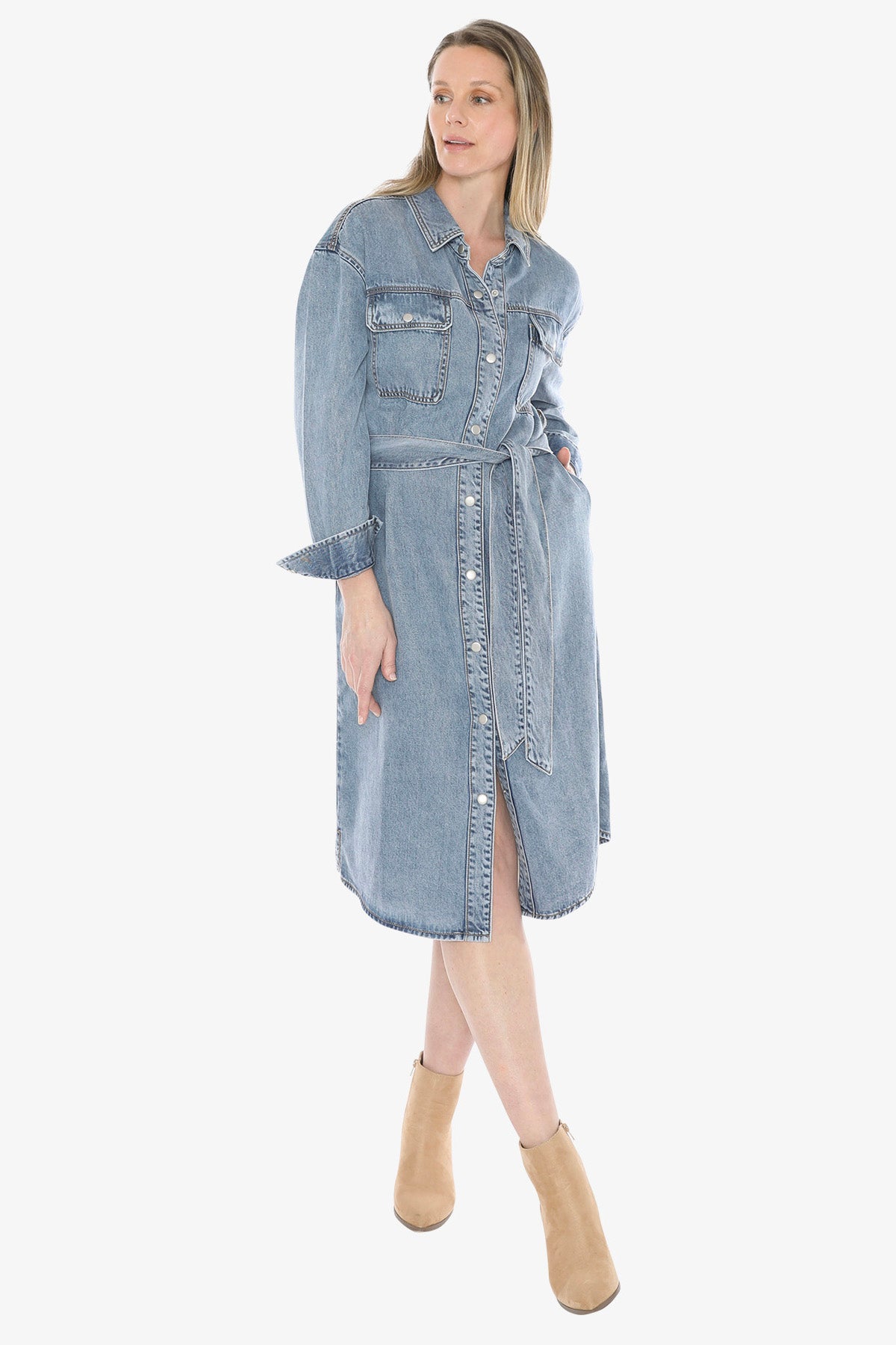 Soft Denim Tie Dress in Mid Blue