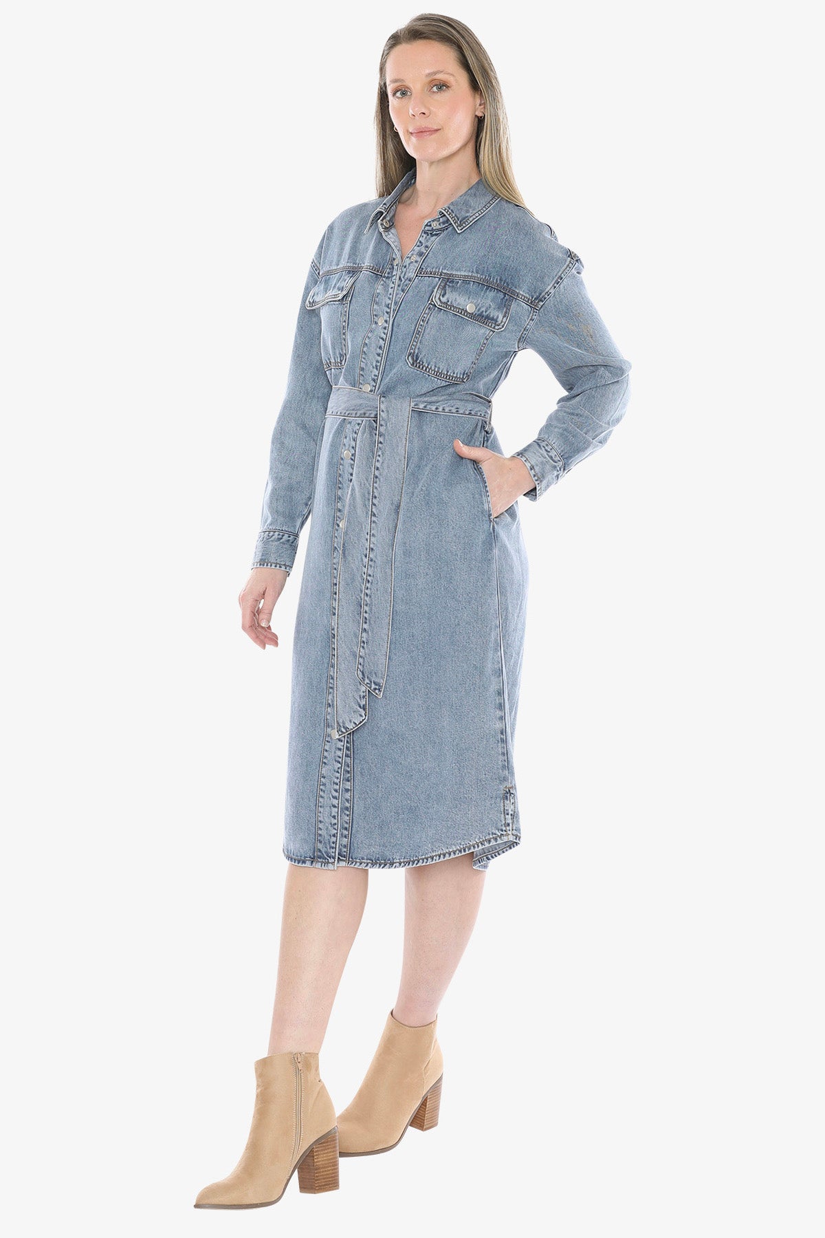 Soft Denim Tie Dress in Mid Blue