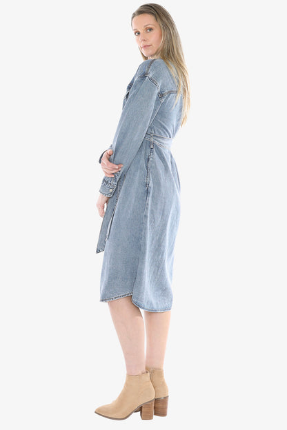 Soft Denim Tie Dress in Mid Blue