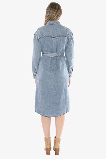 Soft Denim Tie Dress in Mid Blue