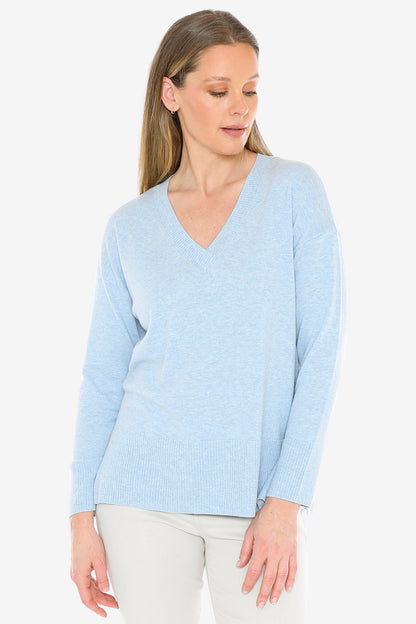 V-Neck Rib Detail Pullover in Ice Blue Marle