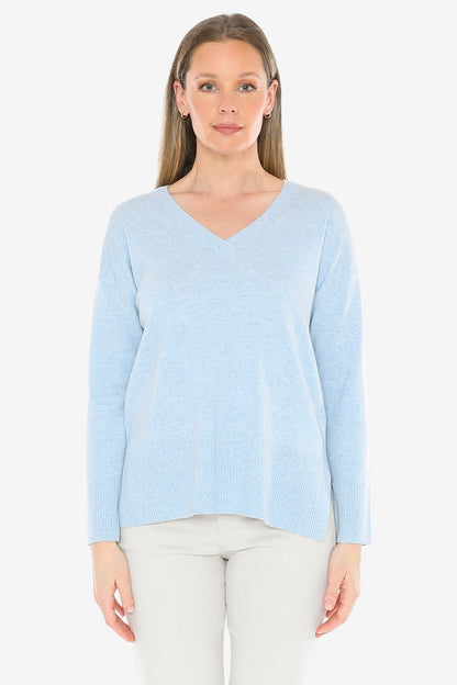 V-Neck Rib Detail Pullover in Ice Blue Marle