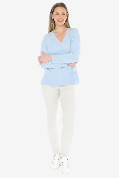 V-Neck Rib Detail Pullover in Ice Blue Marle