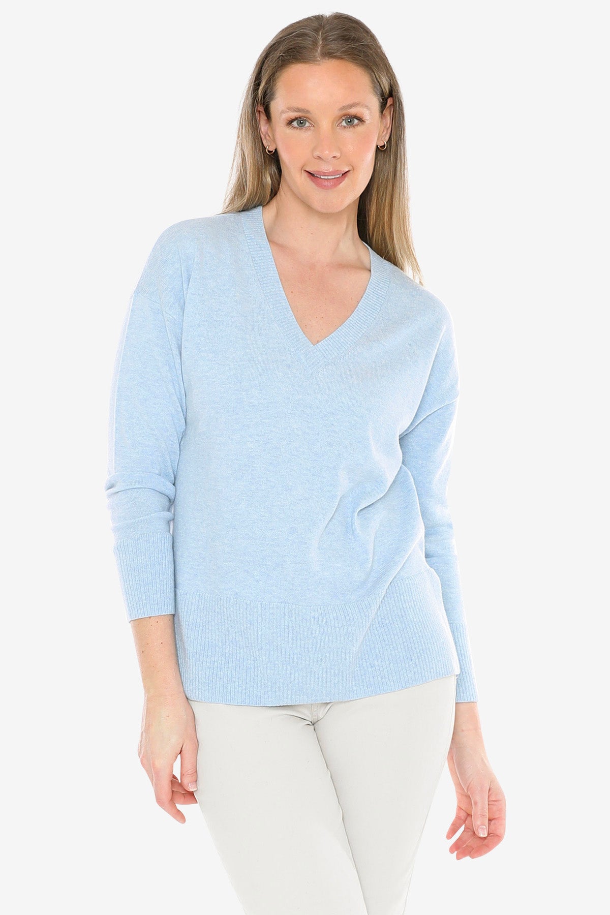 V-Neck Rib Detail Pullover in Ice Blue Marle