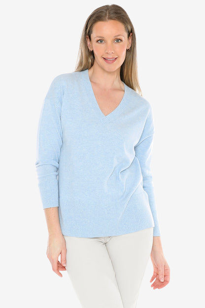 V-Neck Rib Detail Pullover in Ice Blue Marle