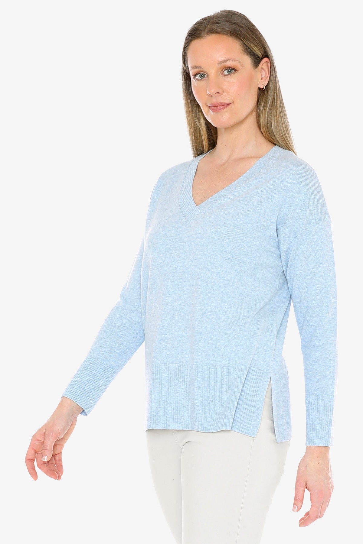 V-Neck Rib Detail Pullover in Ice Blue Marle