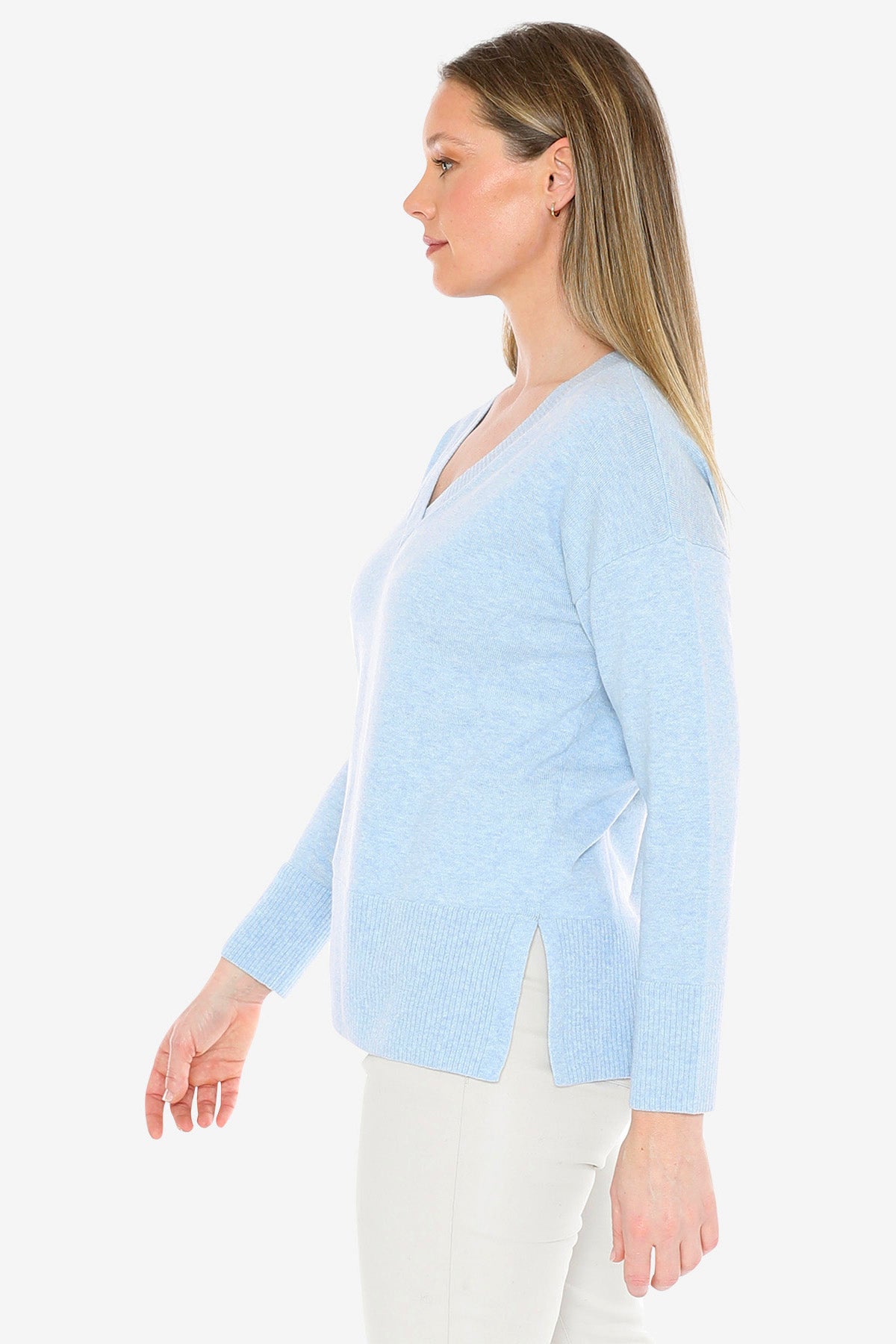 V-Neck Rib Detail Pullover in Ice Blue Marle