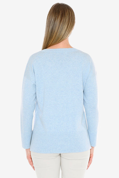 V-Neck Rib Detail Pullover in Ice Blue Marle