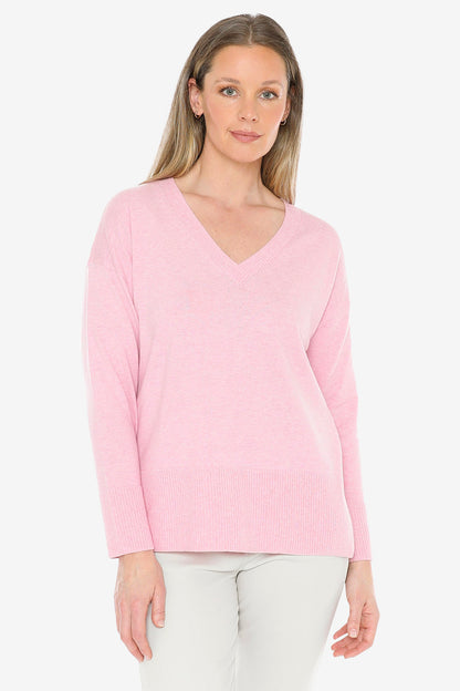 V-Neck Rib Detail Pullover in Sherbert Marle