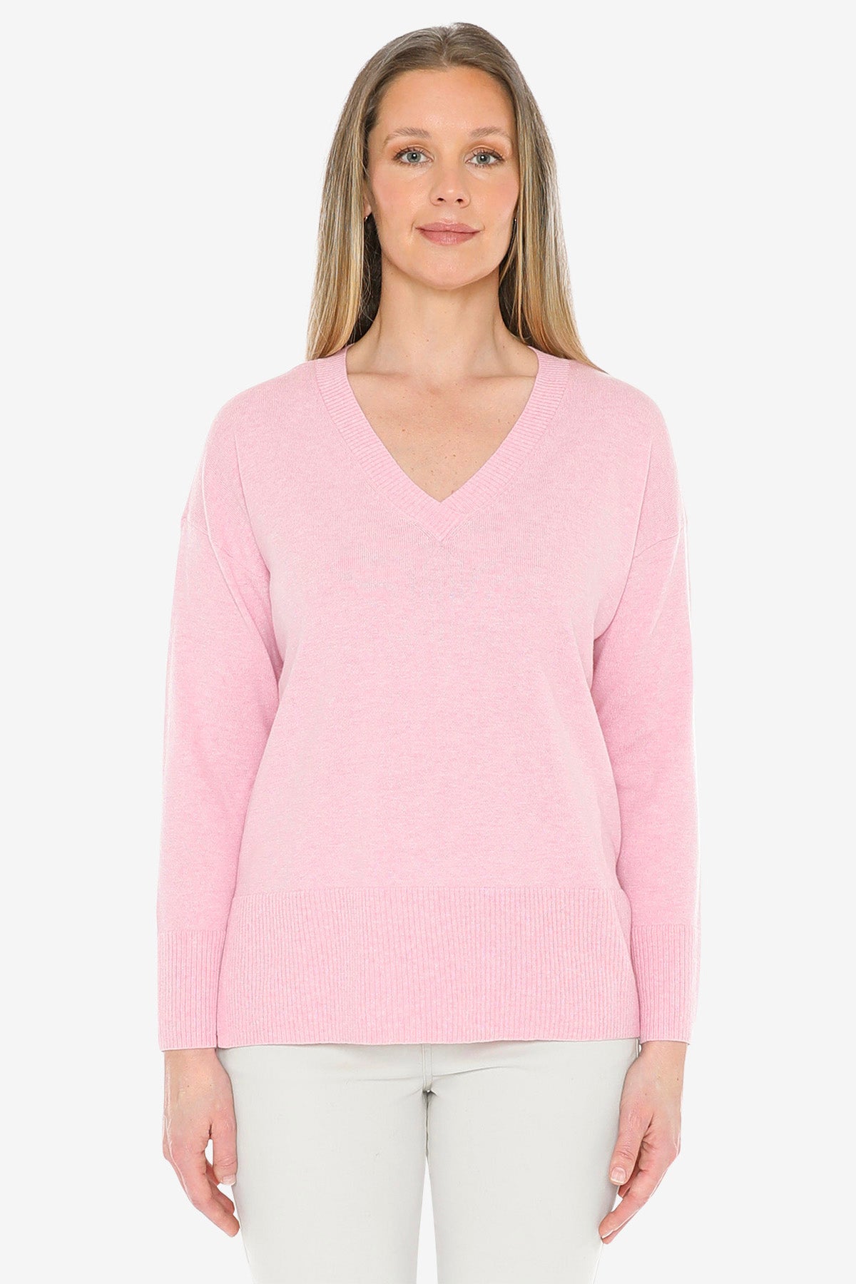 V-Neck Rib Detail Pullover in Sherbert Marle