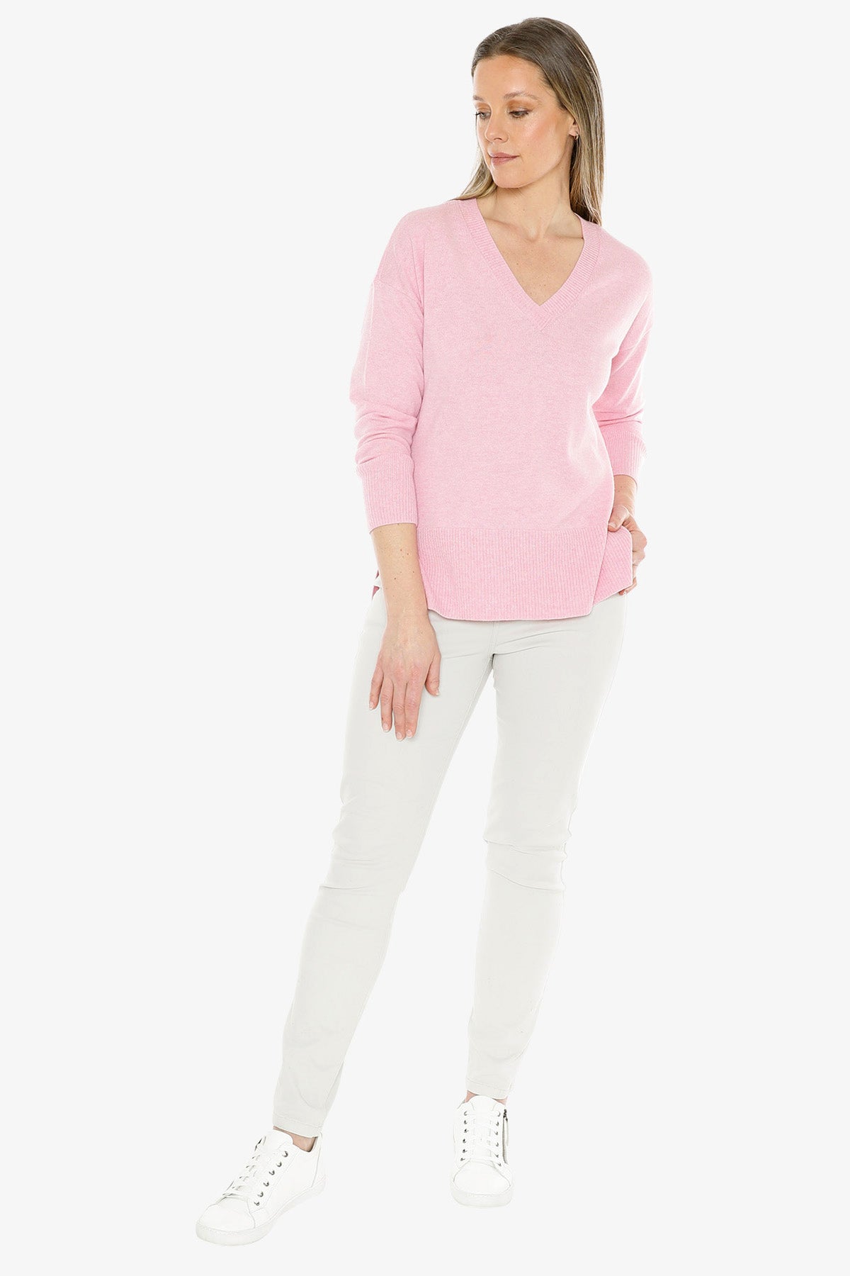 V-Neck Rib Detail Pullover in Sherbert Marle