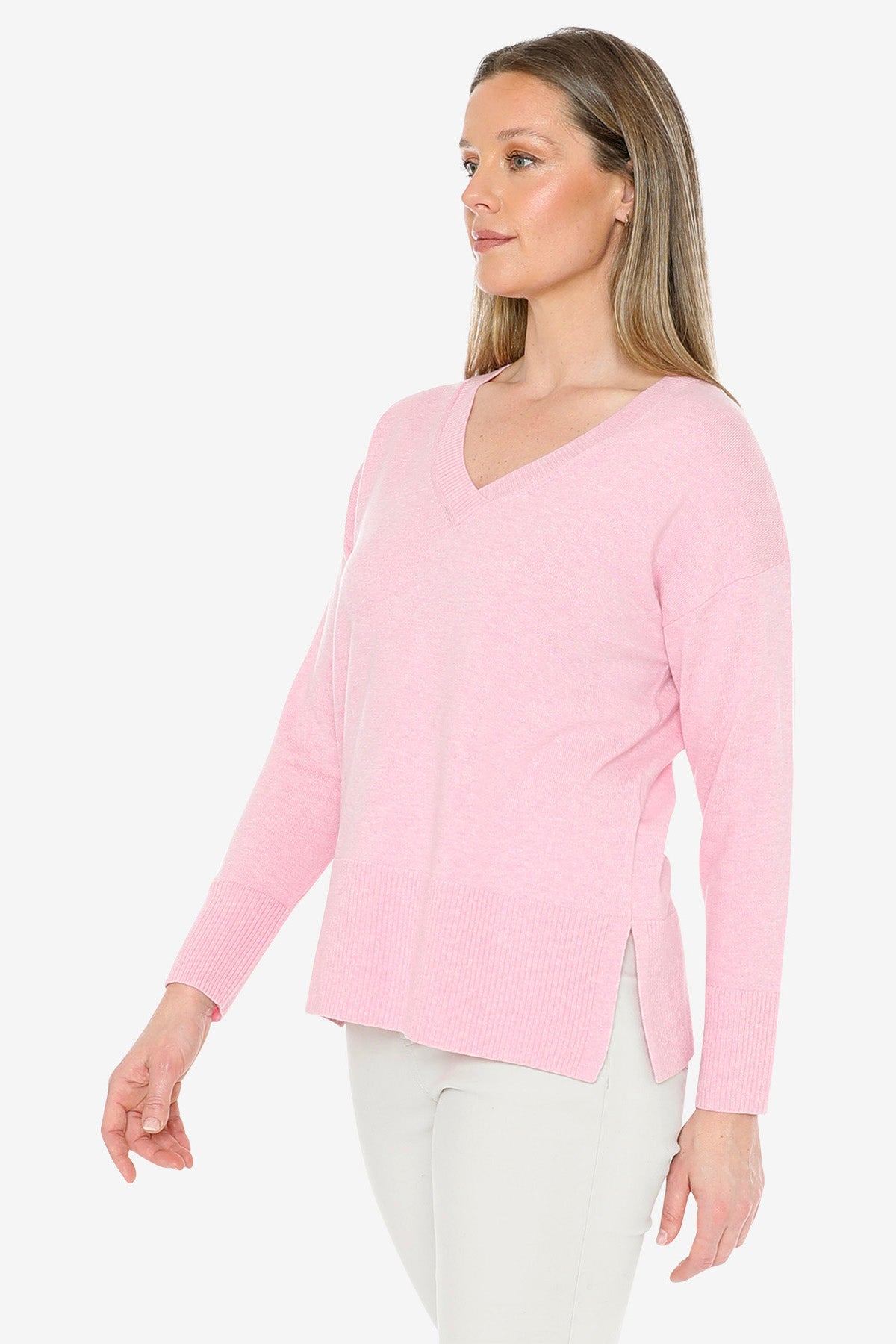 V-Neck Rib Detail Pullover in Sherbert Marle