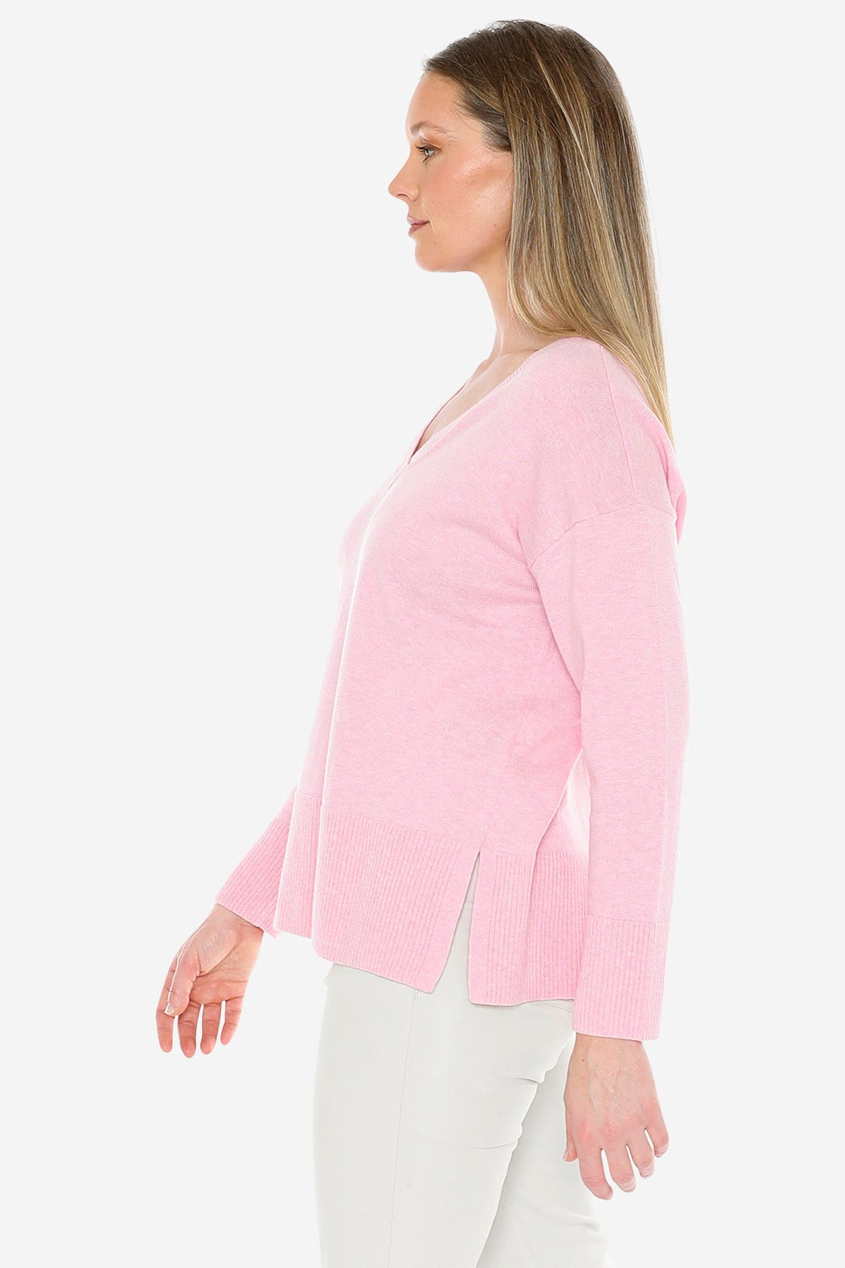 V-Neck Rib Detail Pullover in Sherbert Marle