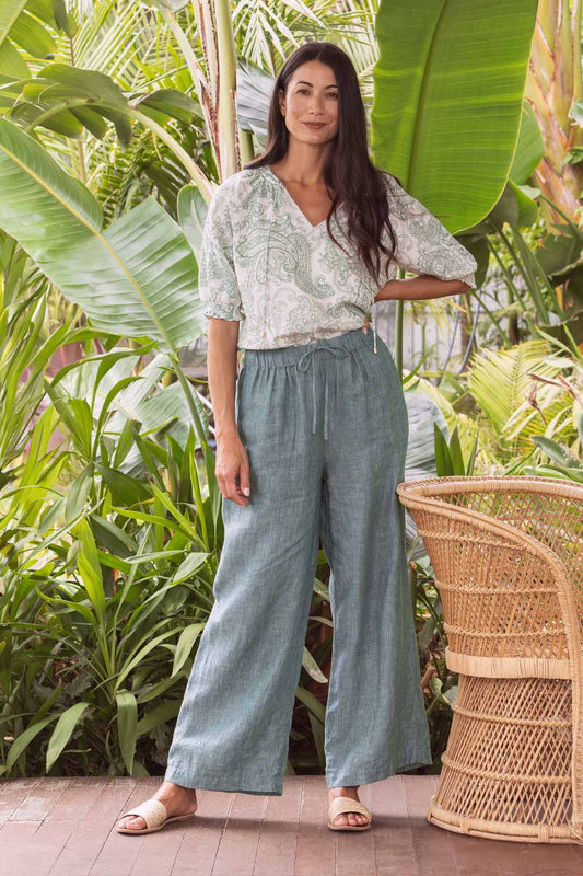 Women's Wide Leg Linen Pant in Green