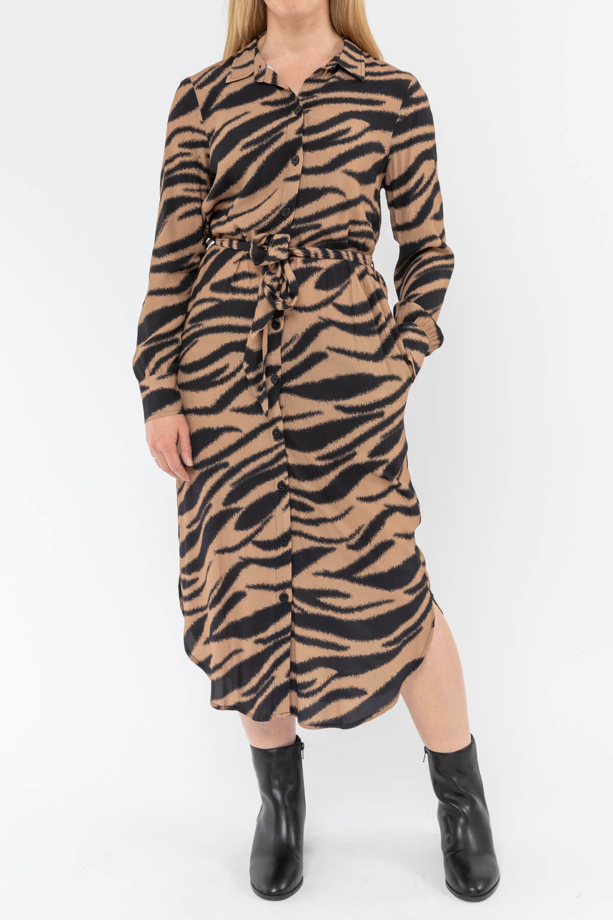 Animal Long Sleeve Tie Waist Dress