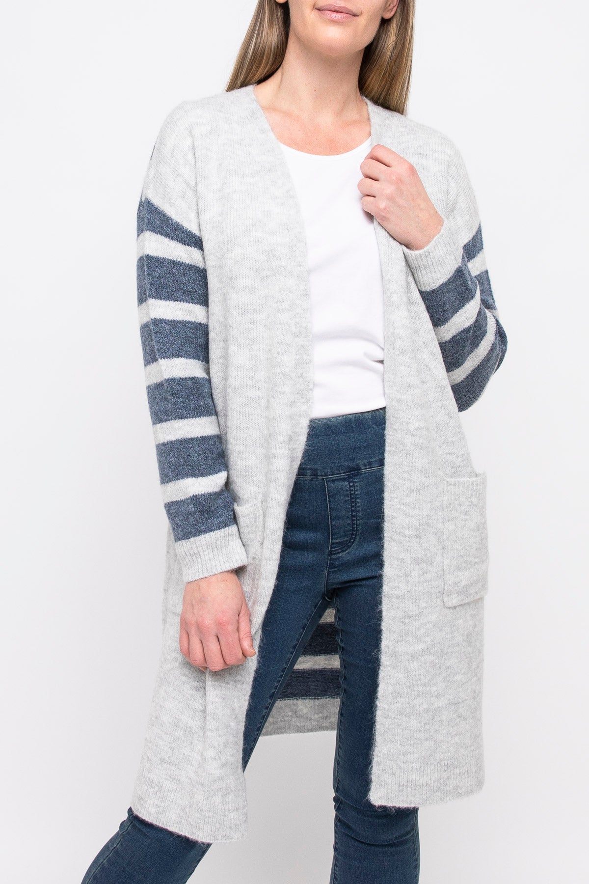 Stripe Long-line Cardigan Silver