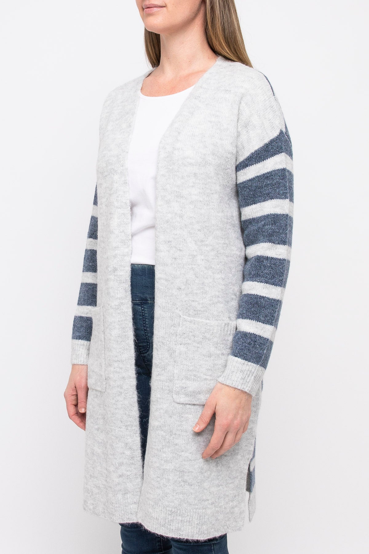 Stripe Long-line Cardigan Silver