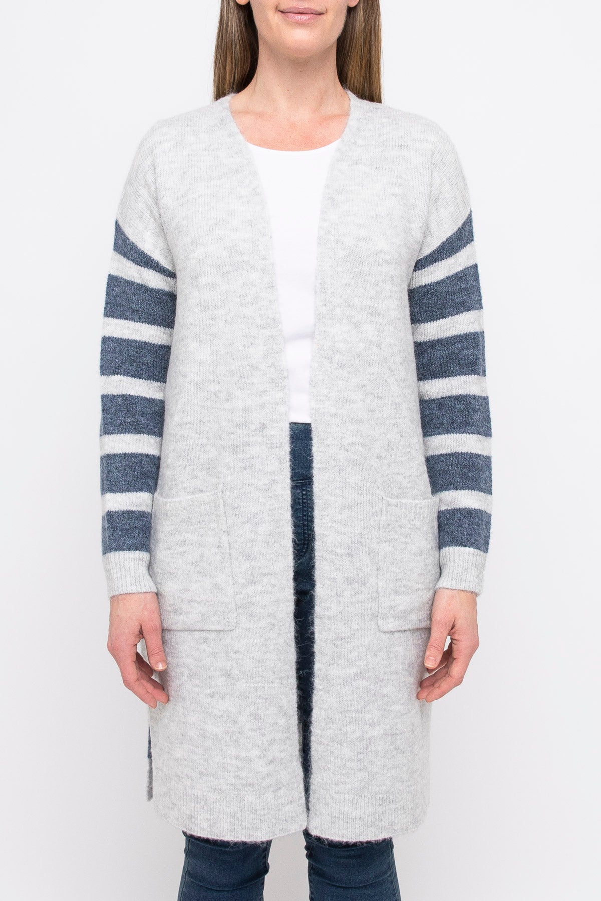 Stripe Long-line Cardigan Silver